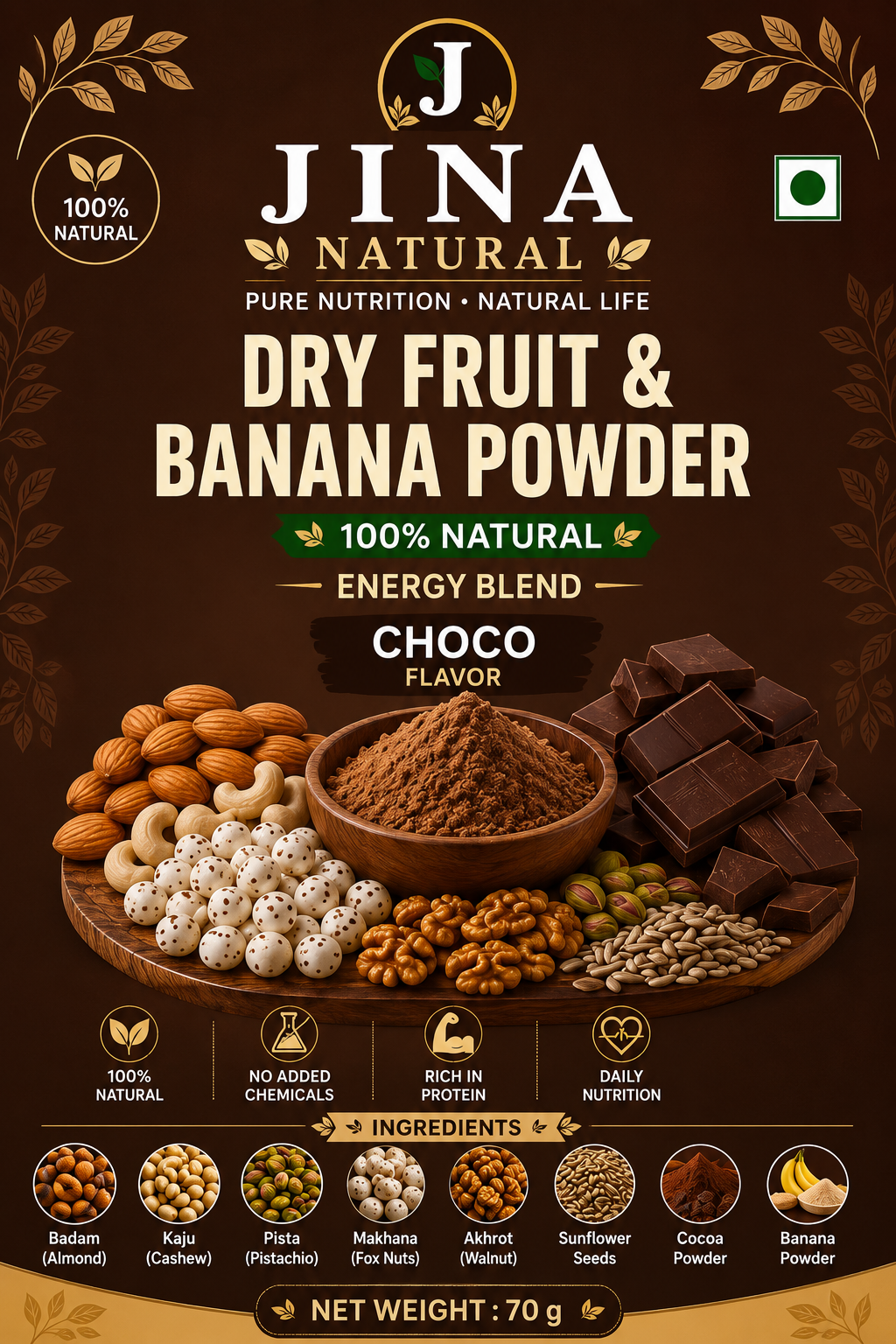 Dry Fruit & Banana Powder Combo Pack | Banana, Choco & Elaichi | JINA Natural