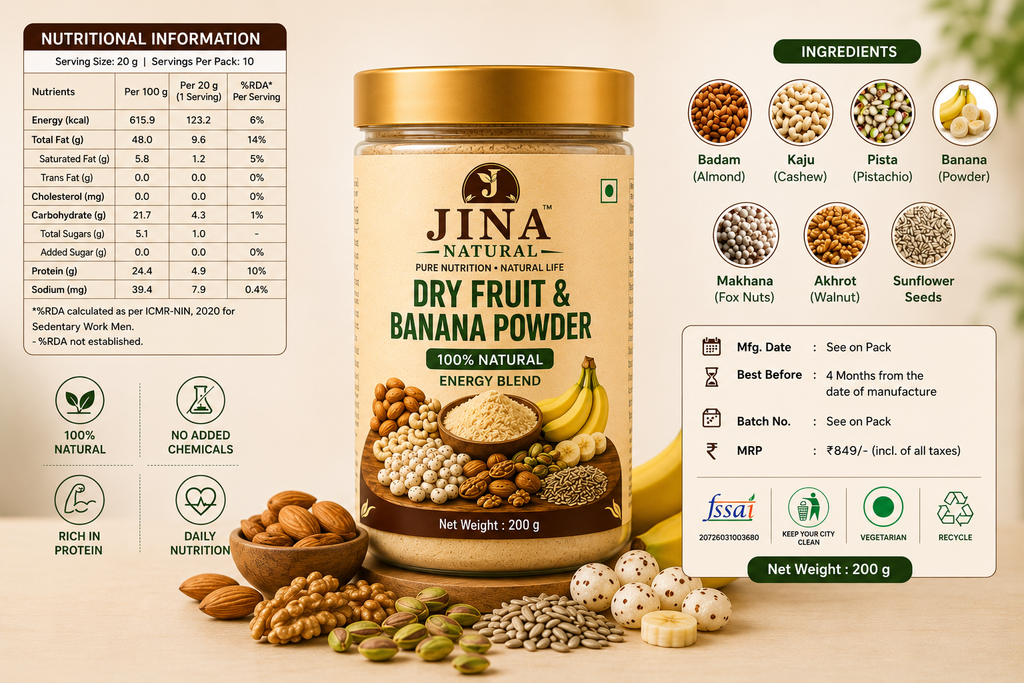 Natural Dry Fruit & Rich Banana Powder.