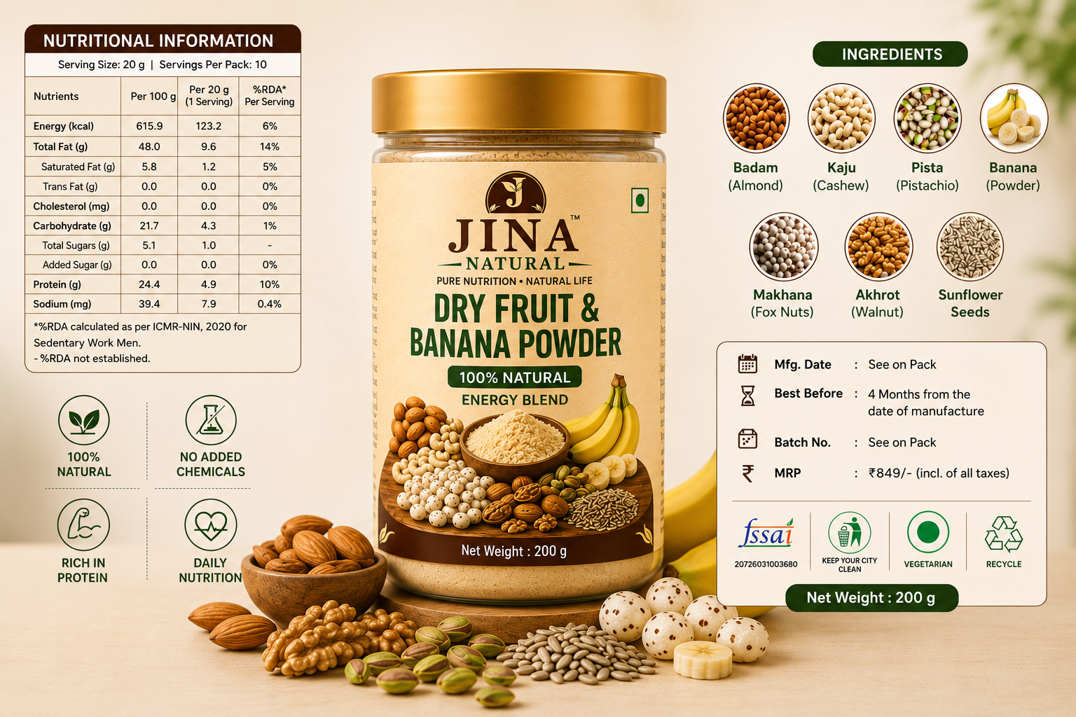 Natural Dry Fruit & Banana Powder In ELAICHI Flavor.