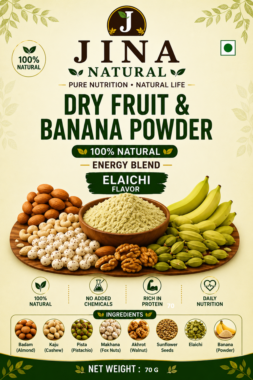 Dry Fruit & Banana Powder Combo Pack | Banana, Choco & Elaichi | JINA Natural