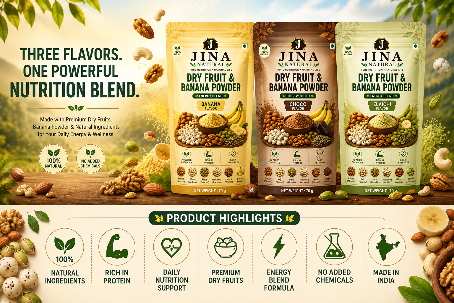 Dry Fruit & Banana Powder Combo Pack | Banana, Choco & Elaichi | JINA Natural