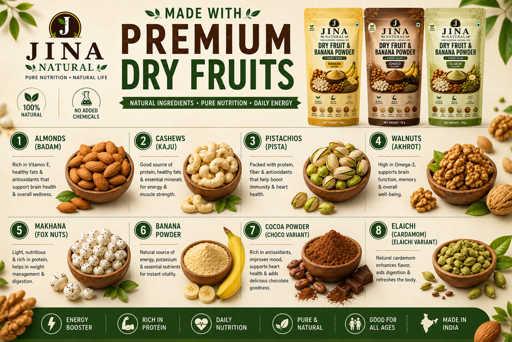 Dry Fruit & Banana Powder Combo Pack | Banana, Choco & Elaichi | JINA Natural