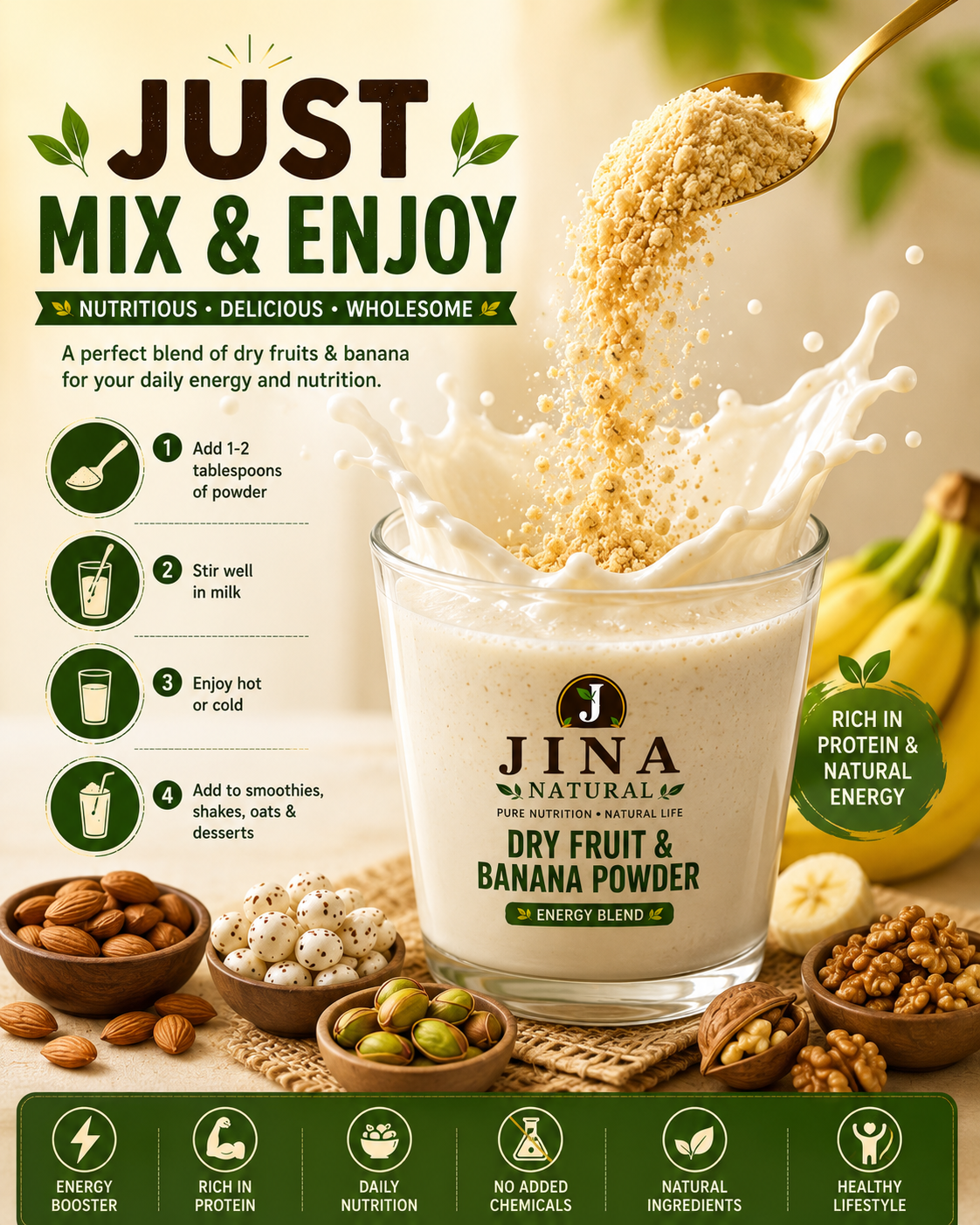 Dry Fruit & Banana Powder Combo Pack | Banana, Choco & Elaichi | JINA Natural